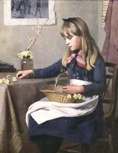 Young girl with a hoe outside a cottage