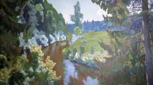 A wooded landscape with figures by a cottage