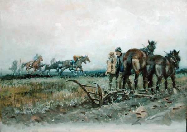 Racehorses at Exercise Watched by Ploughmen